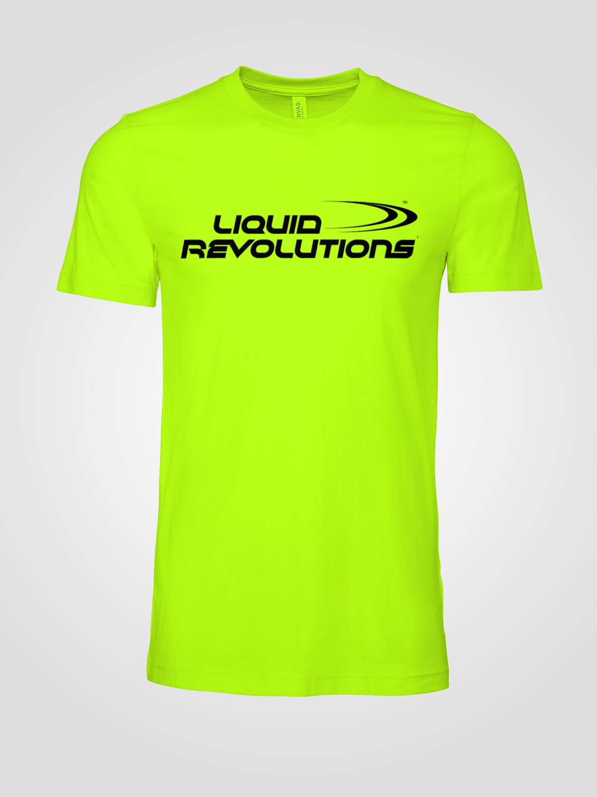 Bright safety green Liquid Revolutions Racing T-shirt with front logo.